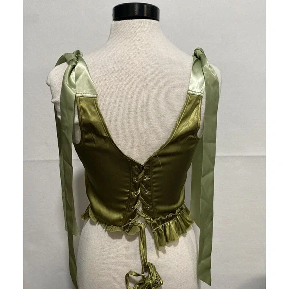 Ribbon Corset Top Medium Whimsical Satiny Chartreuse Lace Up Back Fairy - Picture 3 of 8